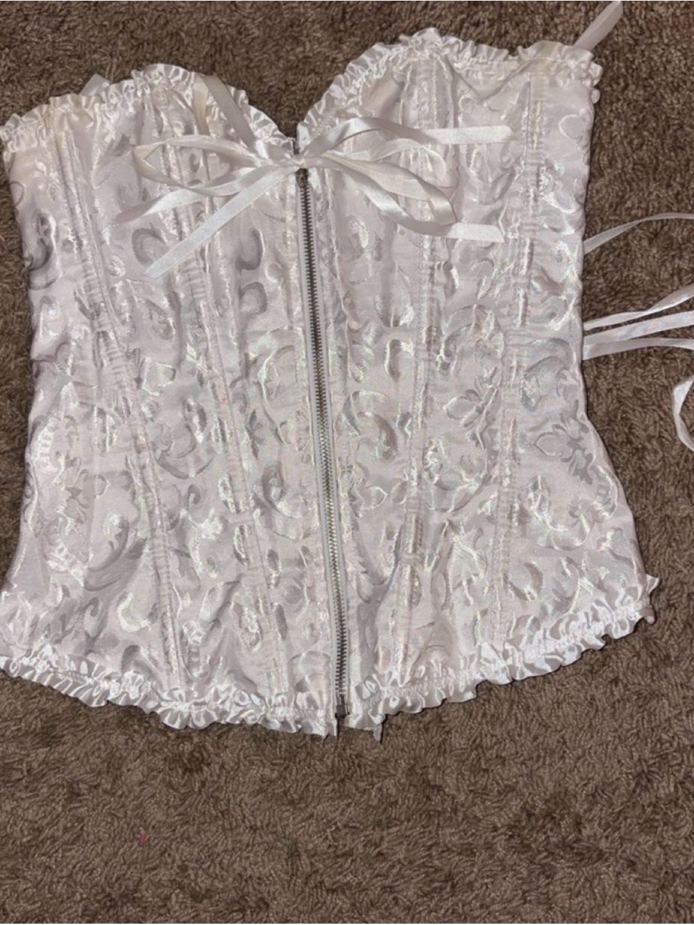 White Satin Jacquard Lace-Up Front Bustier Corset Top